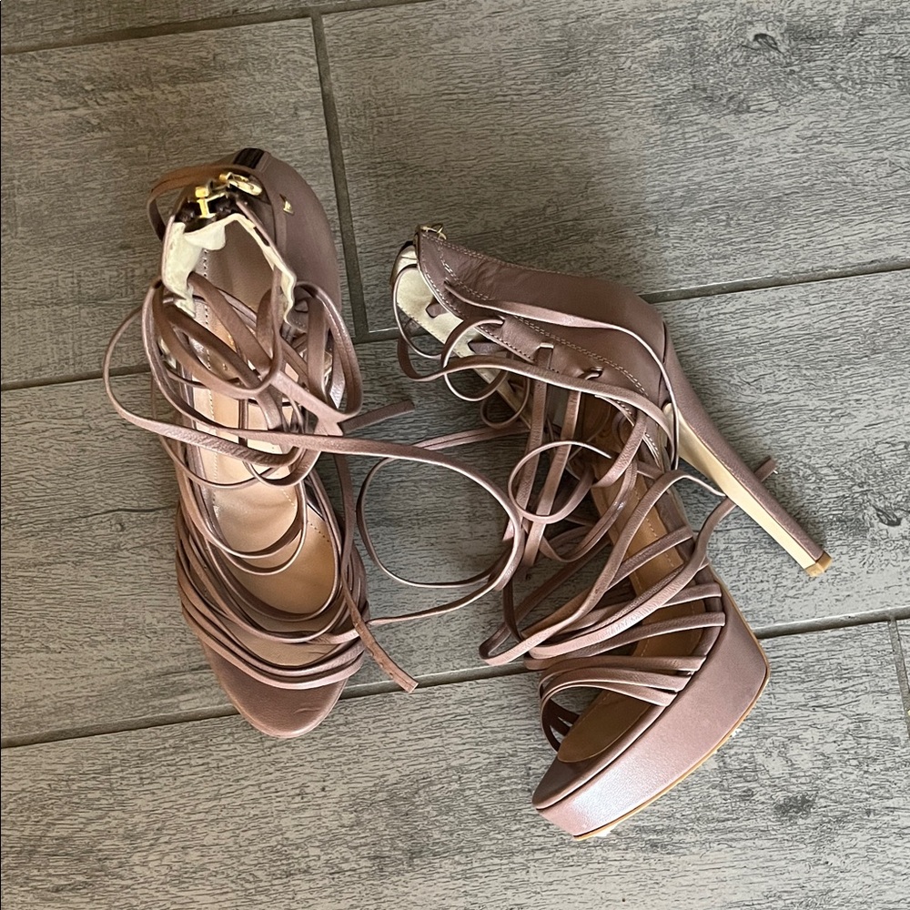 Elegant Strappy Heels with Metallic Accents in Taupe Tan